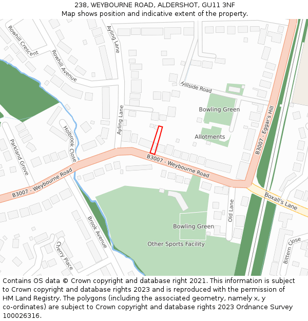 238, WEYBOURNE ROAD, ALDERSHOT, GU11 3NF: Location map and indicative extent of plot