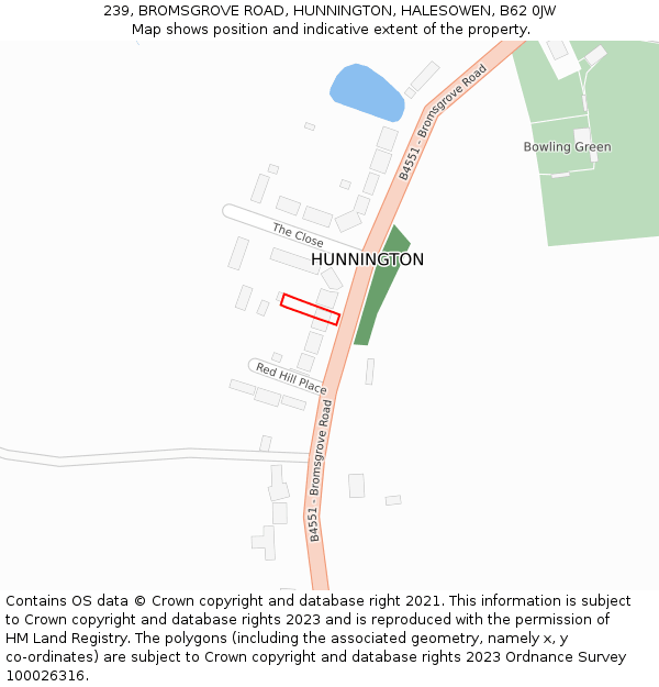 239, BROMSGROVE ROAD, HUNNINGTON, HALESOWEN, B62 0JW: Location map and indicative extent of plot