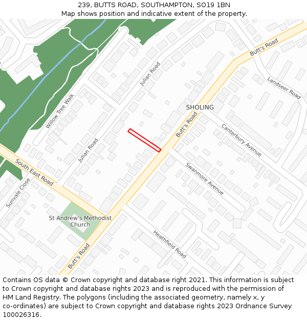 239, BUTTS ROAD, SOUTHAMPTON, SO19 1BN: Location map and indicative extent of plot