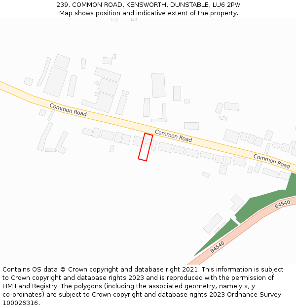 239, COMMON ROAD, KENSWORTH, DUNSTABLE, LU6 2PW: Location map and indicative extent of plot