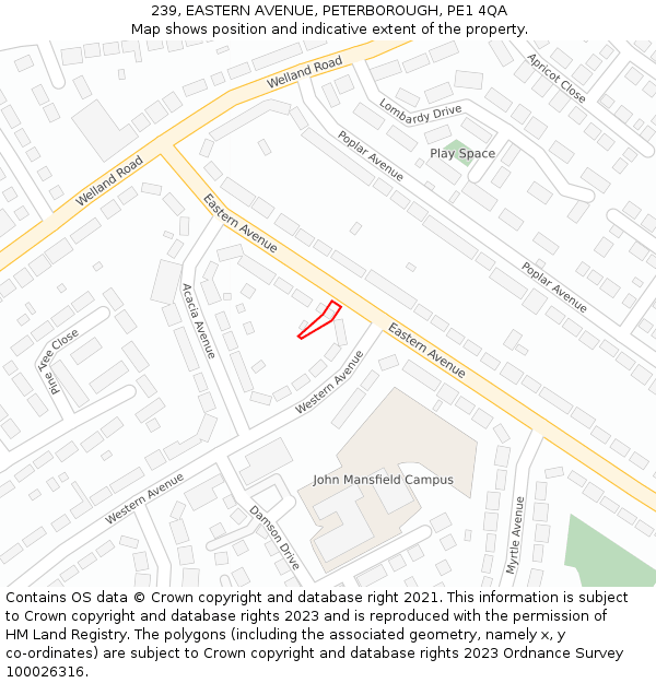 239, EASTERN AVENUE, PETERBOROUGH, PE1 4QA: Location map and indicative extent of plot