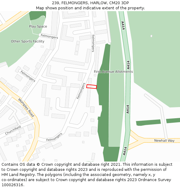 239, FELMONGERS, HARLOW, CM20 3DP: Location map and indicative extent of plot