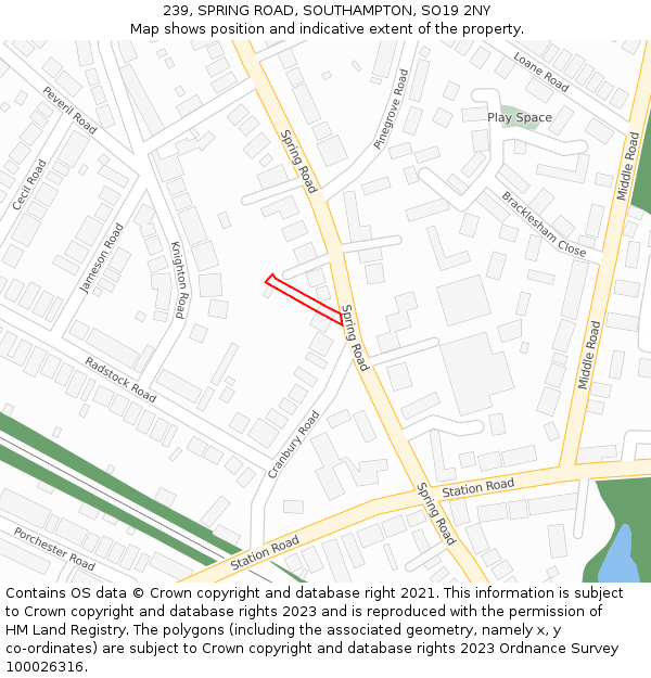 239, SPRING ROAD, SOUTHAMPTON, SO19 2NY: Location map and indicative extent of plot