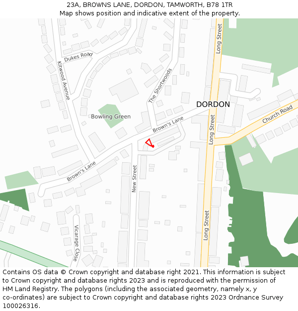 23A, BROWNS LANE, DORDON, TAMWORTH, B78 1TR: Location map and indicative extent of plot