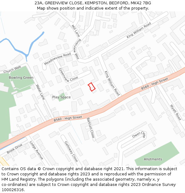 23A, GREENVIEW CLOSE, KEMPSTON, BEDFORD, MK42 7BG: Location map and indicative extent of plot