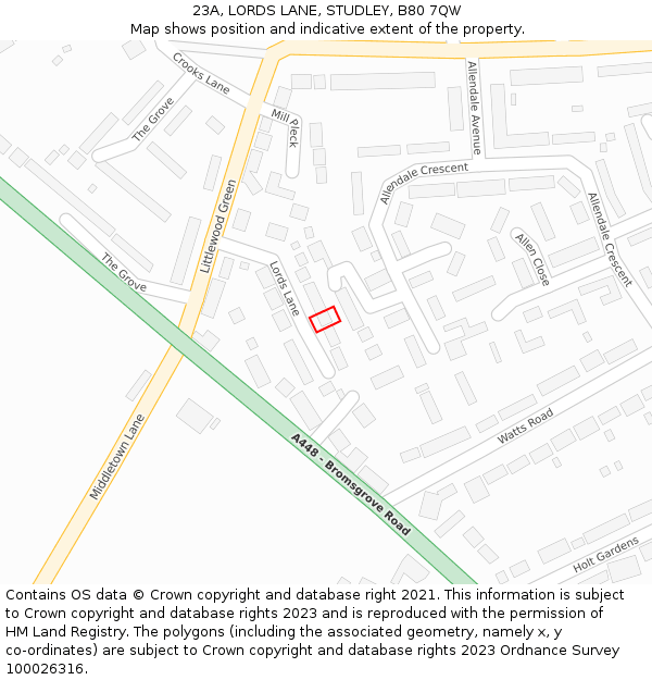 23A, LORDS LANE, STUDLEY, B80 7QW: Location map and indicative extent of plot
