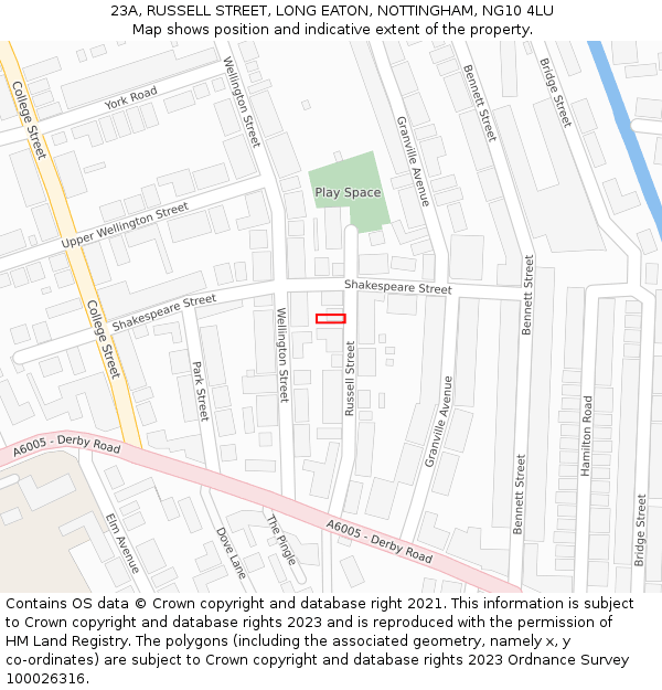 23A, RUSSELL STREET, LONG EATON, NOTTINGHAM, NG10 4LU: Location map and indicative extent of plot