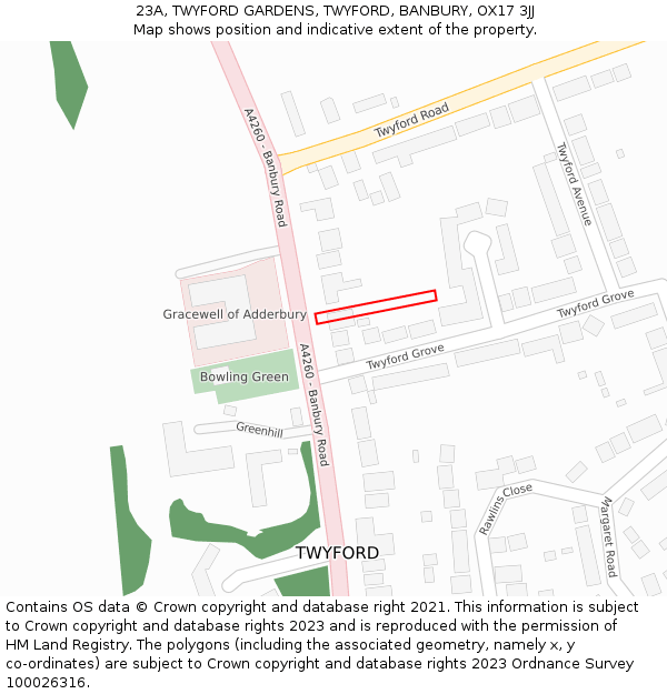 23A, TWYFORD GARDENS, TWYFORD, BANBURY, OX17 3JJ: Location map and indicative extent of plot