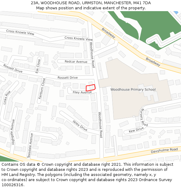 23A, WOODHOUSE ROAD, URMSTON, MANCHESTER, M41 7DA: Location map and indicative extent of plot