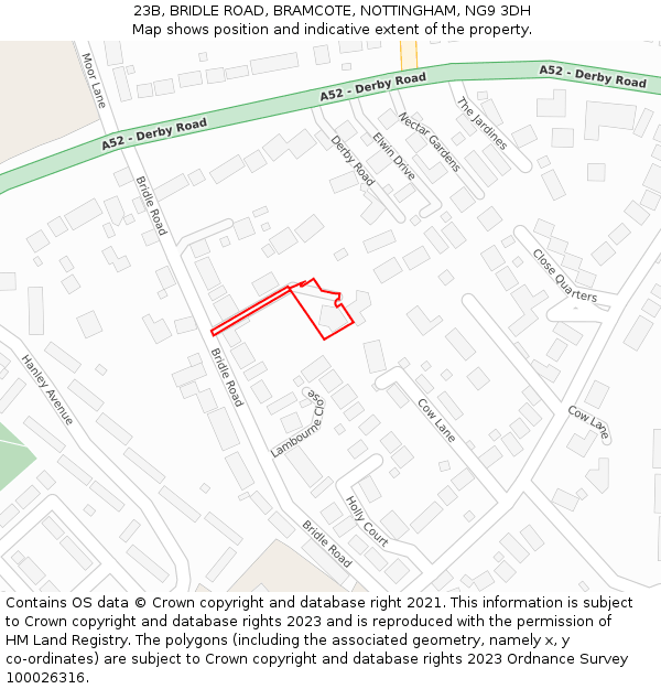 23B, BRIDLE ROAD, BRAMCOTE, NOTTINGHAM, NG9 3DH: Location map and indicative extent of plot