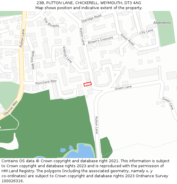 23B, PUTTON LANE, CHICKERELL, WEYMOUTH, DT3 4AG: Location map and indicative extent of plot