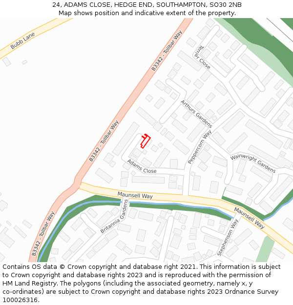 24, ADAMS CLOSE, HEDGE END, SOUTHAMPTON, SO30 2NB: Location map and indicative extent of plot