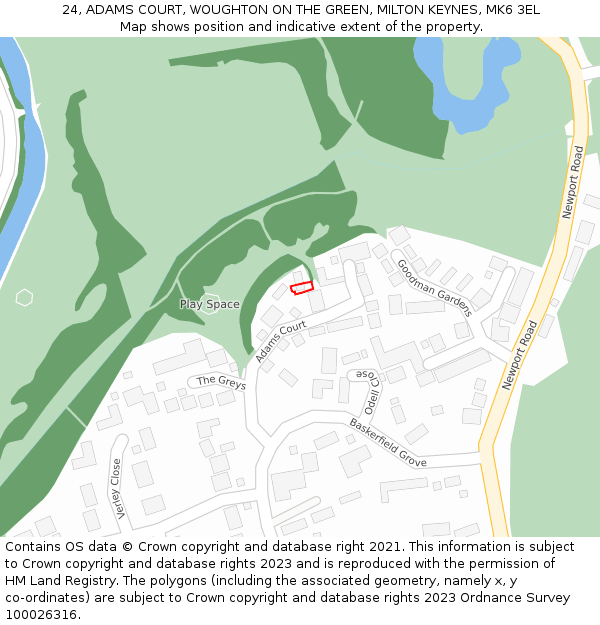 24, ADAMS COURT, WOUGHTON ON THE GREEN, MILTON KEYNES, MK6 3EL: Location map and indicative extent of plot