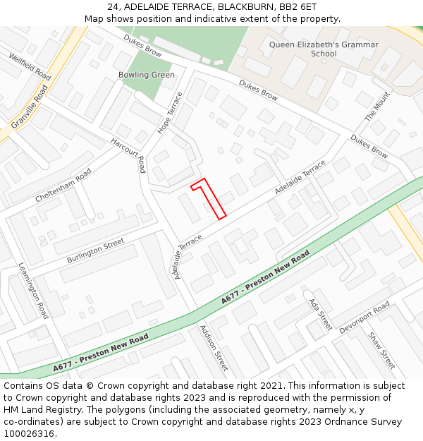 24, ADELAIDE TERRACE, BLACKBURN, BB2 6ET: Location map and indicative extent of plot