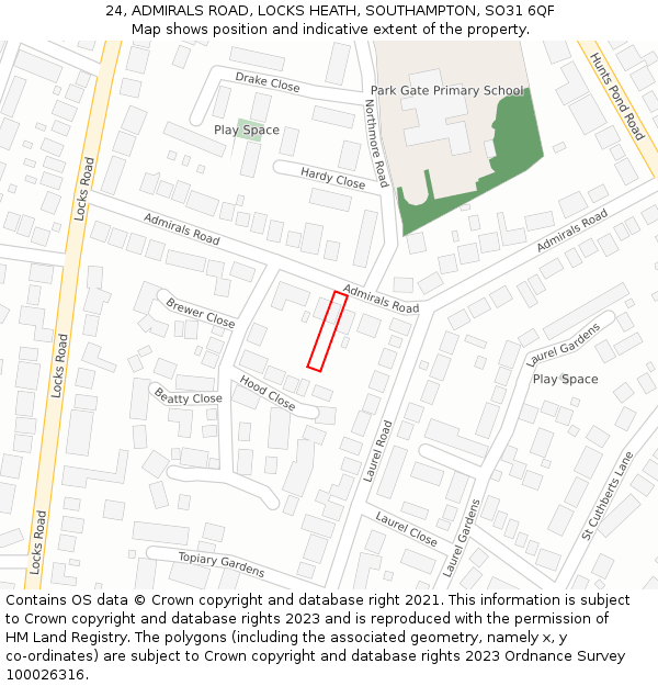 24, ADMIRALS ROAD, LOCKS HEATH, SOUTHAMPTON, SO31 6QF: Location map and indicative extent of plot