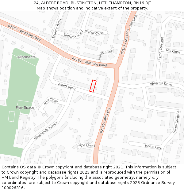 24, ALBERT ROAD, RUSTINGTON, LITTLEHAMPTON, BN16 3JT: Location map and indicative extent of plot