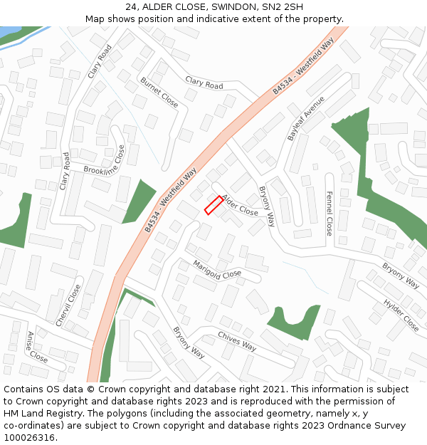 24, ALDER CLOSE, SWINDON, SN2 2SH: Location map and indicative extent of plot