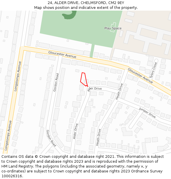 24, ALDER DRIVE, CHELMSFORD, CM2 9EY: Location map and indicative extent of plot