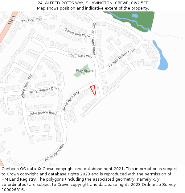 24, ALFRED POTTS WAY, SHAVINGTON, CREWE, CW2 5EF: Location map and indicative extent of plot