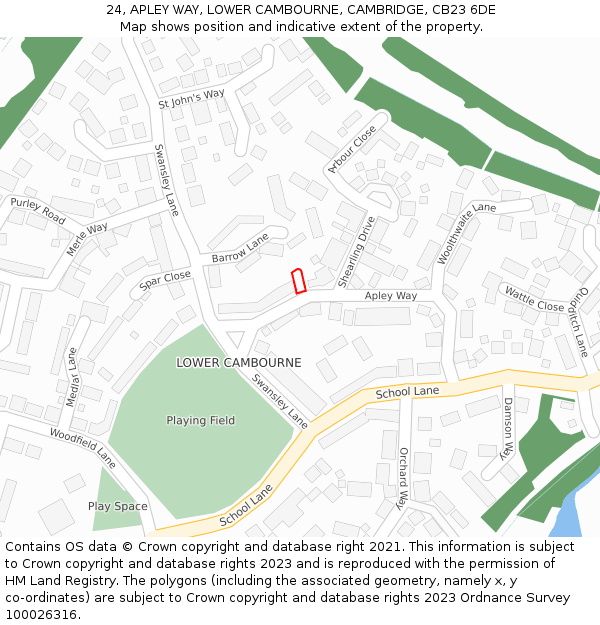 24, APLEY WAY, LOWER CAMBOURNE, CAMBRIDGE, CB23 6DE: Location map and indicative extent of plot