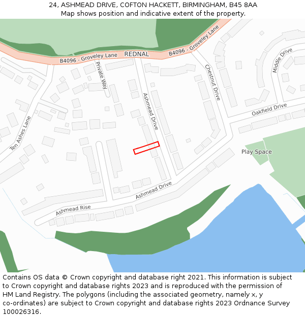 24, ASHMEAD DRIVE, COFTON HACKETT, BIRMINGHAM, B45 8AA: Location map and indicative extent of plot