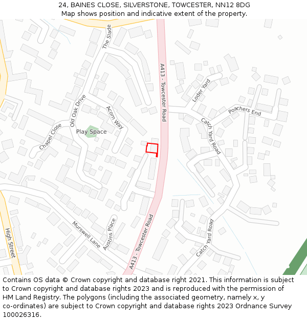 24, BAINES CLOSE, SILVERSTONE, TOWCESTER, NN12 8DG: Location map and indicative extent of plot