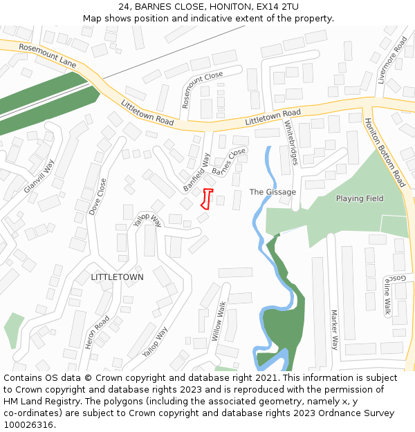 24, BARNES CLOSE, HONITON, EX14 2TU: Location map and indicative extent of plot