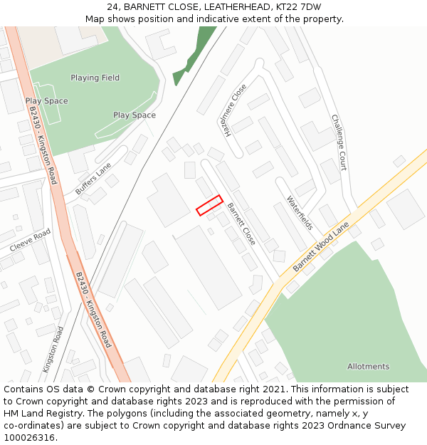 24, BARNETT CLOSE, LEATHERHEAD, KT22 7DW: Location map and indicative extent of plot