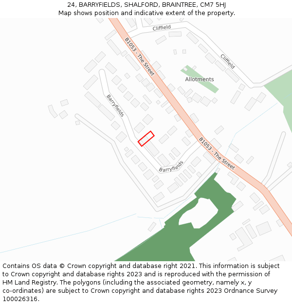 24, BARRYFIELDS, SHALFORD, BRAINTREE, CM7 5HJ: Location map and indicative extent of plot