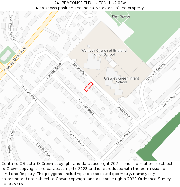 24, BEACONSFIELD, LUTON, LU2 0RW: Location map and indicative extent of plot
