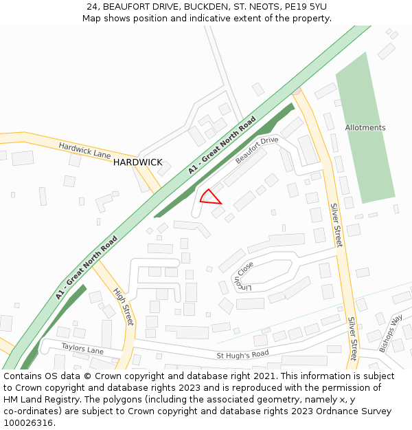 24, BEAUFORT DRIVE, BUCKDEN, ST. NEOTS, PE19 5YU: Location map and indicative extent of plot