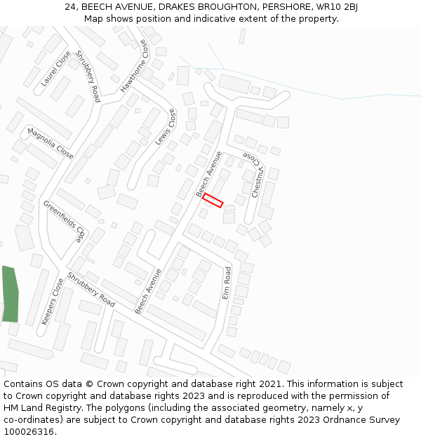 24, BEECH AVENUE, DRAKES BROUGHTON, PERSHORE, WR10 2BJ: Location map and indicative extent of plot