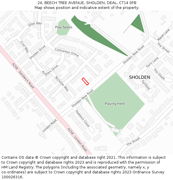 24, BEECH TREE AVENUE, SHOLDEN, DEAL, CT14 0FB: Location map and indicative extent of plot