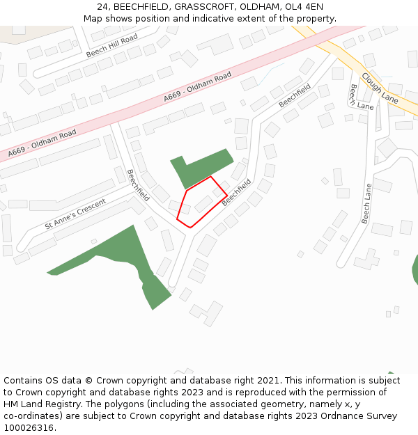 24, BEECHFIELD, GRASSCROFT, OLDHAM, OL4 4EN: Location map and indicative extent of plot