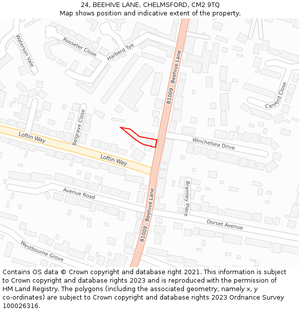 24, BEEHIVE LANE, CHELMSFORD, CM2 9TQ: Location map and indicative extent of plot