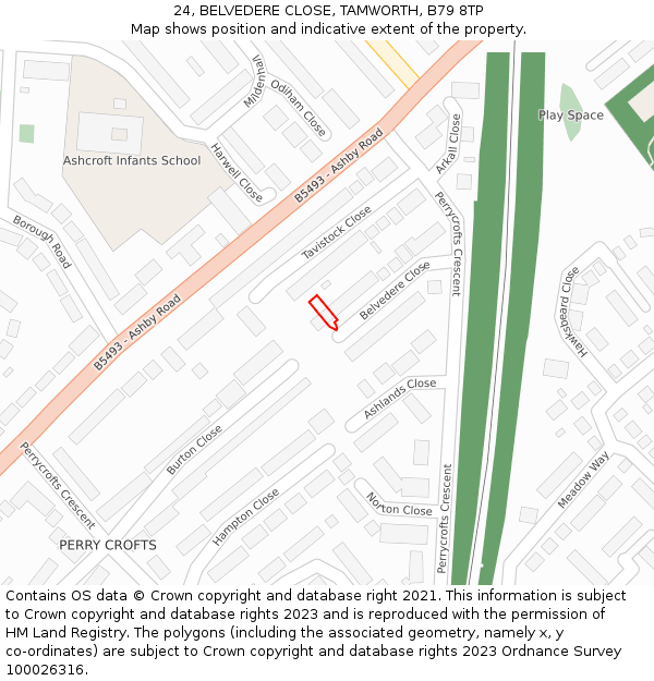 24, BELVEDERE CLOSE, TAMWORTH, B79 8TP: Location map and indicative extent of plot