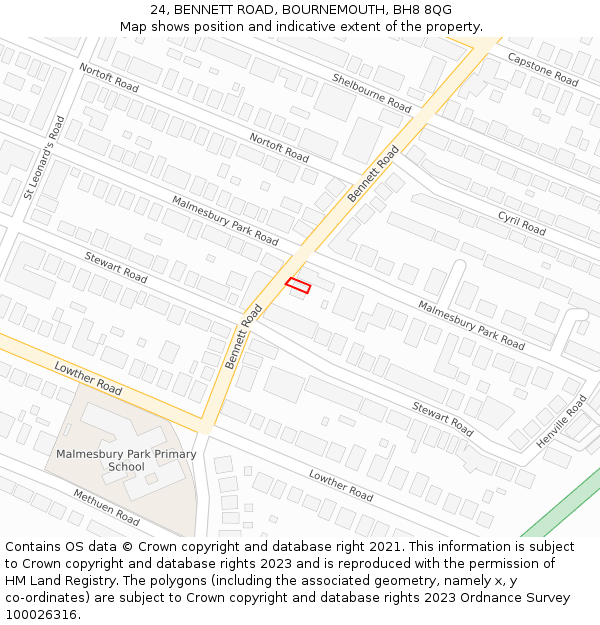 24, BENNETT ROAD, BOURNEMOUTH, BH8 8QG: Location map and indicative extent of plot