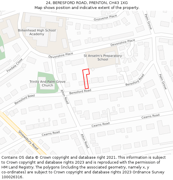 24, BERESFORD ROAD, PRENTON, CH43 1XG: Location map and indicative extent of plot