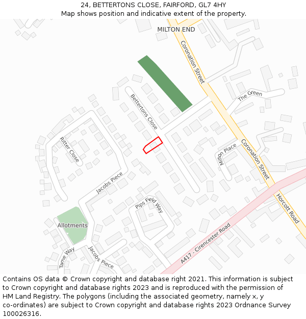 24, BETTERTONS CLOSE, FAIRFORD, GL7 4HY: Location map and indicative extent of plot