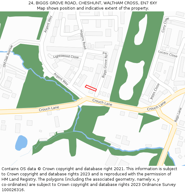 24, BIGGS GROVE ROAD, CHESHUNT, WALTHAM CROSS, EN7 6XY: Location map and indicative extent of plot