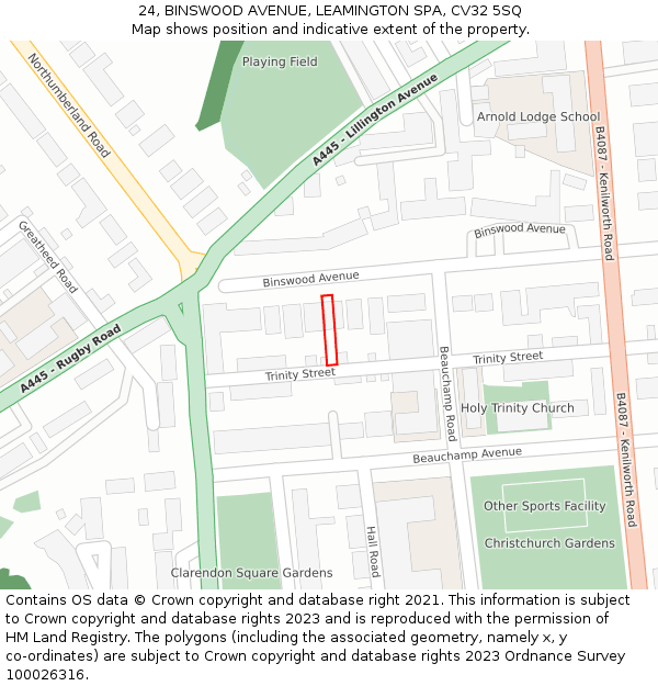 24, BINSWOOD AVENUE, LEAMINGTON SPA, CV32 5SQ: Location map and indicative extent of plot