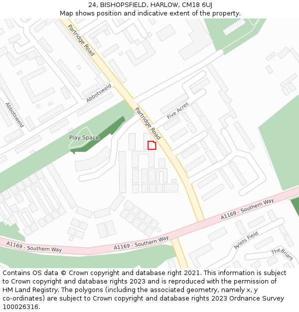 24, BISHOPSFIELD, HARLOW, CM18 6UJ: Location map and indicative extent of plot