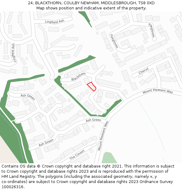 24, BLACKTHORN, COULBY NEWHAM, MIDDLESBROUGH, TS8 0XD: Location map and indicative extent of plot