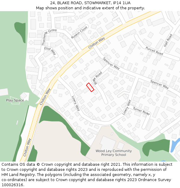 24, BLAKE ROAD, STOWMARKET, IP14 1UA: Location map and indicative extent of plot