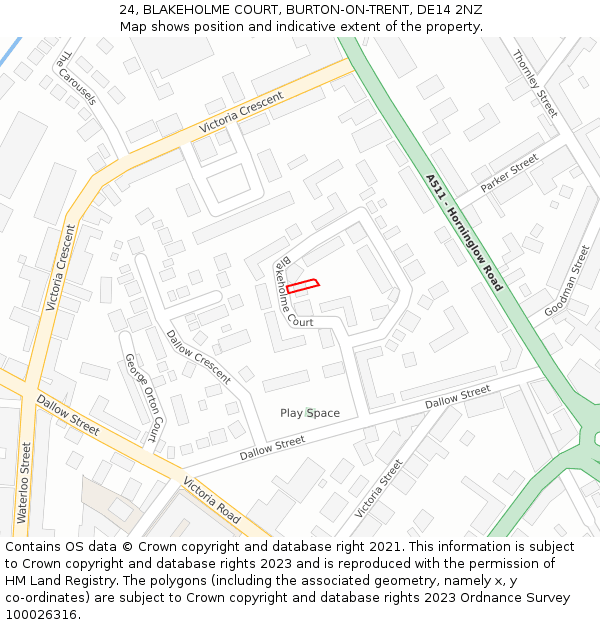 24, BLAKEHOLME COURT, BURTON-ON-TRENT, DE14 2NZ: Location map and indicative extent of plot