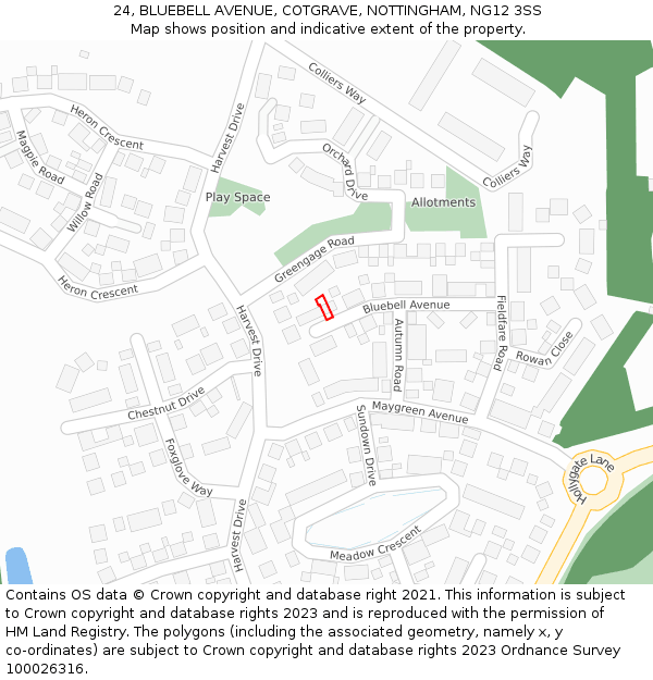 24, BLUEBELL AVENUE, COTGRAVE, NOTTINGHAM, NG12 3SS: Location map and indicative extent of plot