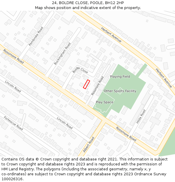 24, BOLDRE CLOSE, POOLE, BH12 2HP: Location map and indicative extent of plot