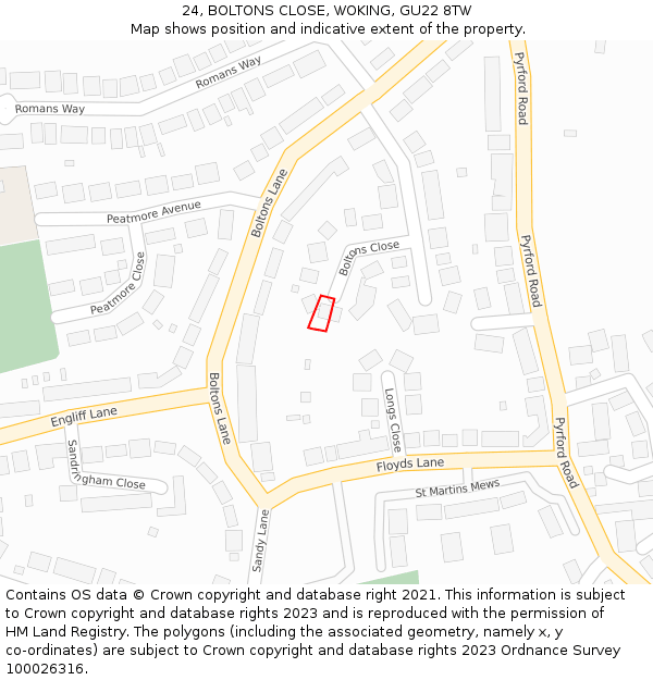 24, BOLTONS CLOSE, WOKING, GU22 8TW: Location map and indicative extent of plot