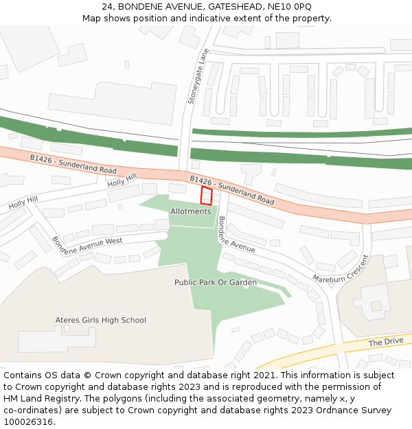 24, BONDENE AVENUE, GATESHEAD, NE10 0PQ: Location map and indicative extent of plot