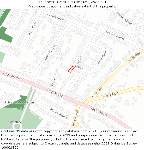 24, BOOTH AVENUE, SANDBACH, CW11 4JN: Location map and indicative extent of plot